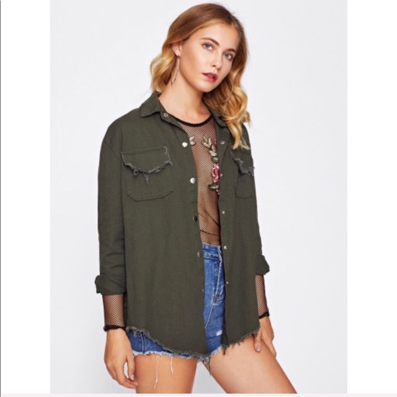 Frayed Curved Hem Army Green Denim Jacket - Picture 4 of 4